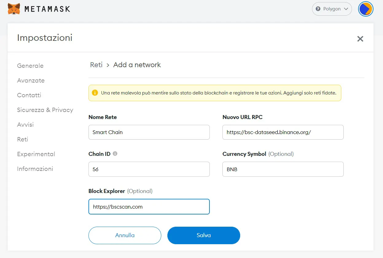 rete-binance-metamask